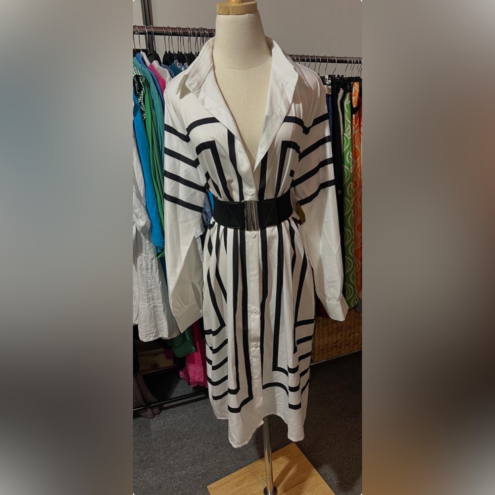 Ella Black and White Notched Collar Bishop Sleeve Dress